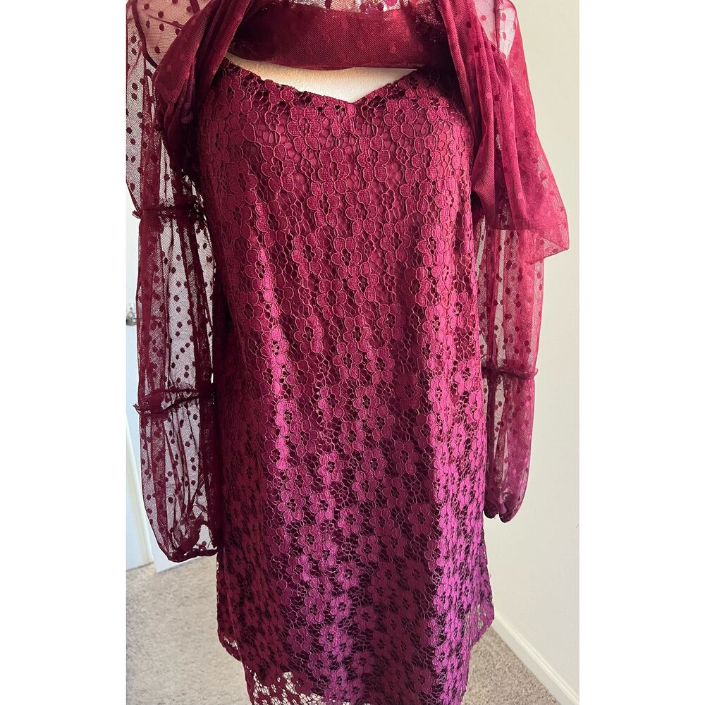 Charlotte Russe Lace Sheath and Polka Dot Mesh Wine Maroon Long Sleeve Dress L‎ - Picture 4 of 13